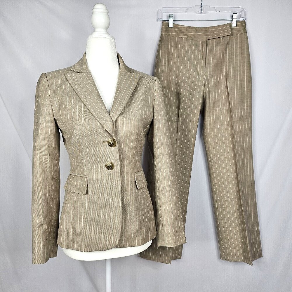 Tahari | Pinstripe Pantsuit Set | Wool Blend | Taupe Ivory | Petite 2P